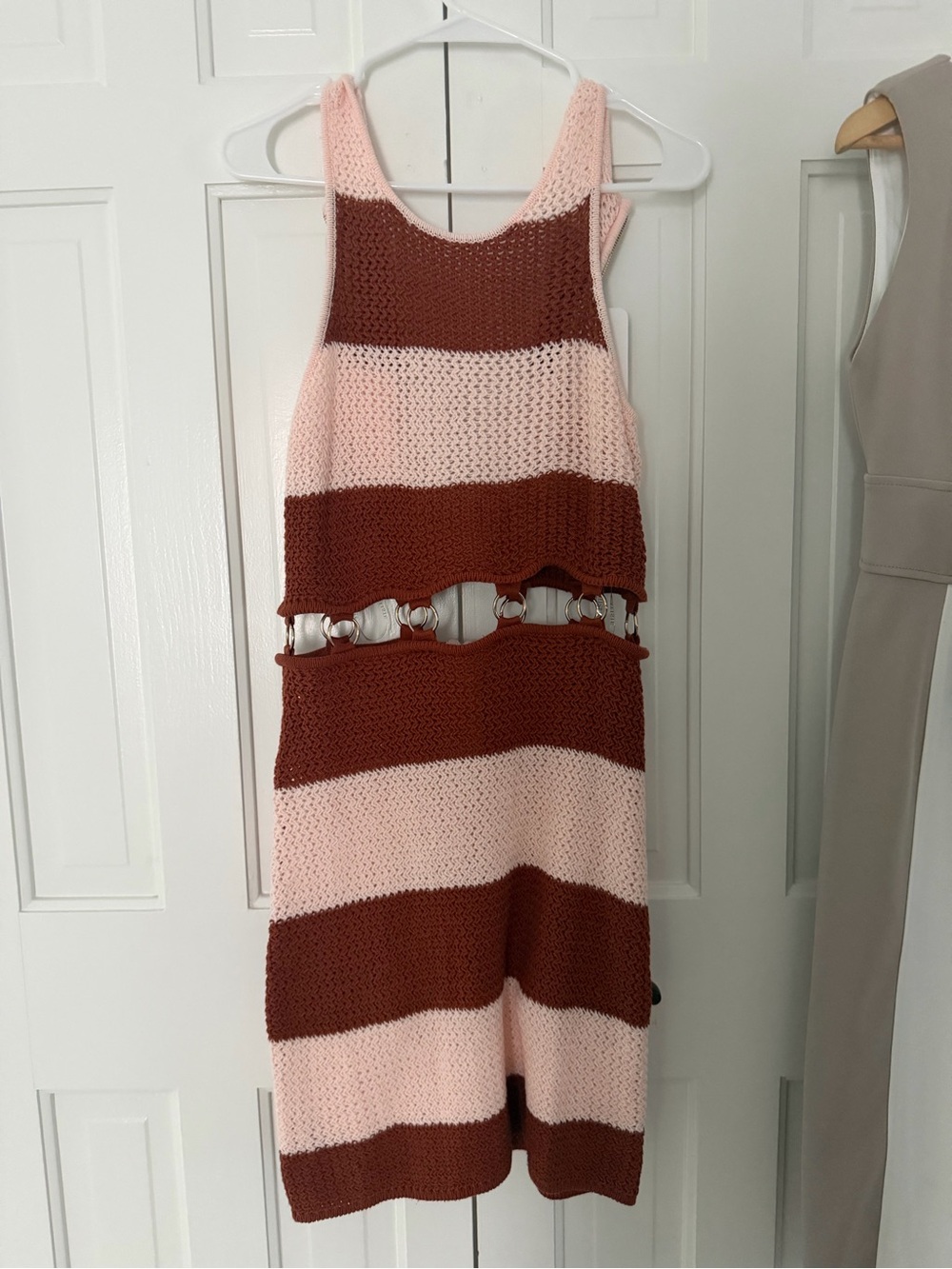 L'ATISTE Pink and Brown Striped Knit Midi Dress